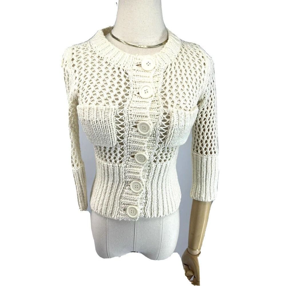 Free People Chunky Open Knit Fitted Cardigan‎ Sweater Buttons Pockets - Picture 13 of 14
